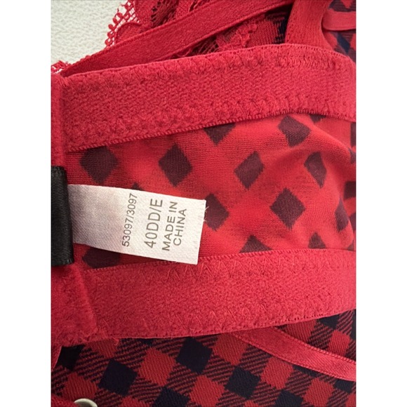 Fredricks of Hollywood Bra Red Gingham 40DD Lace up Black Front Bra Padded - Picture 6 of 10